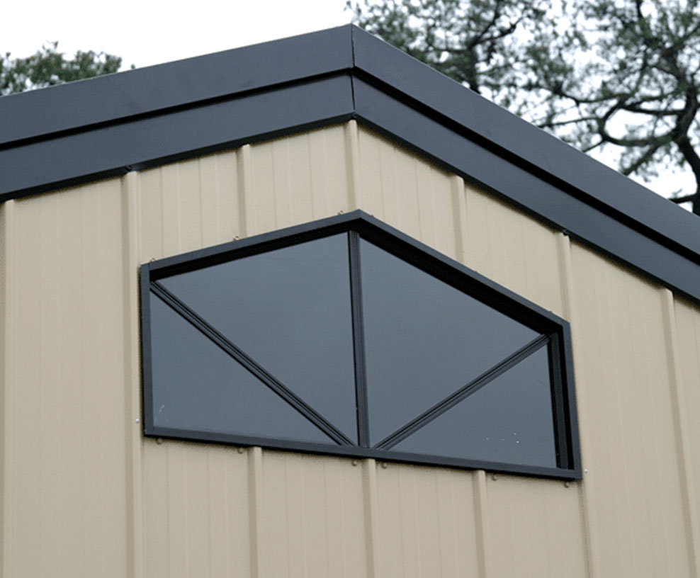 Modern barn style window in a Perth shed with a sleek black and modern beige colour scheme.